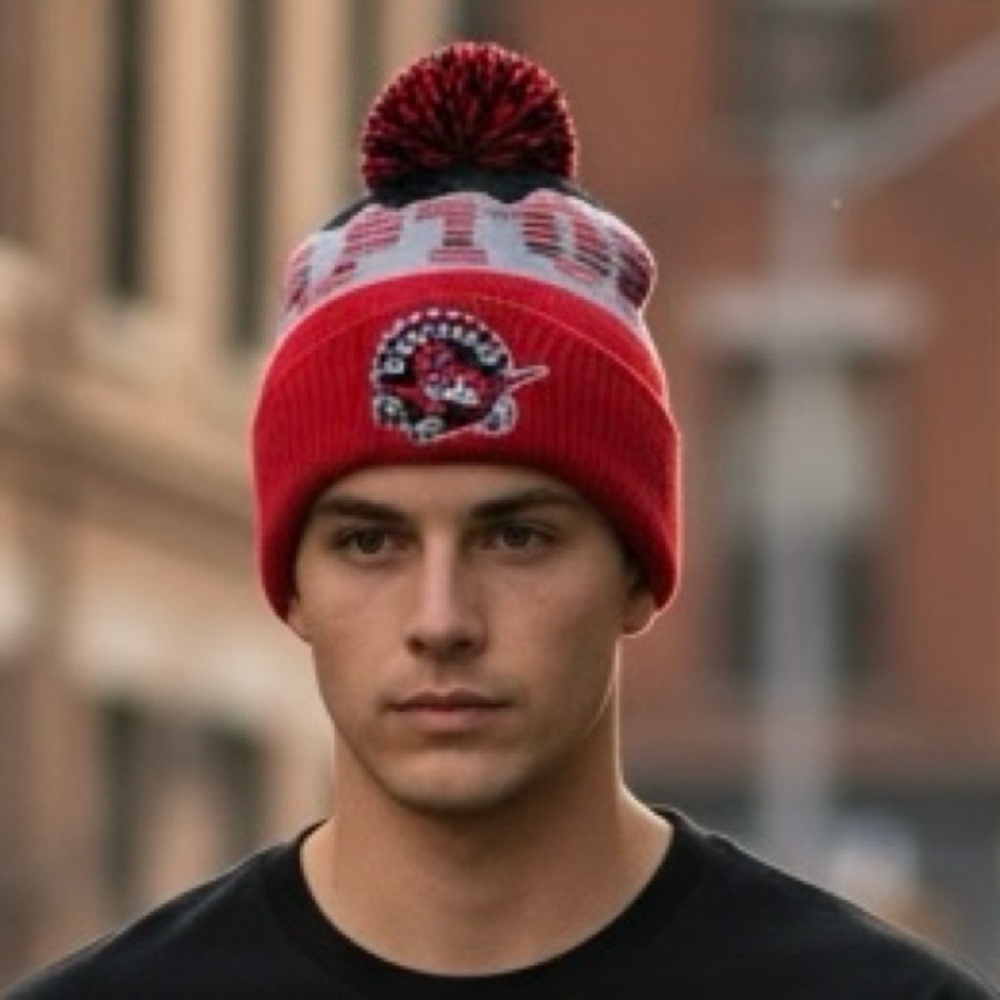 #399 NBA Raptors Red and Black Pom Beanie